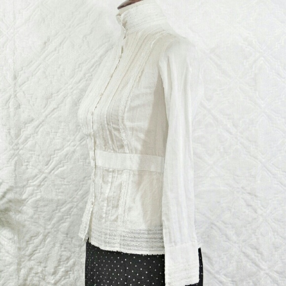 LOFT High Neck Lace Pleated Button Down - Picture 5 of 7